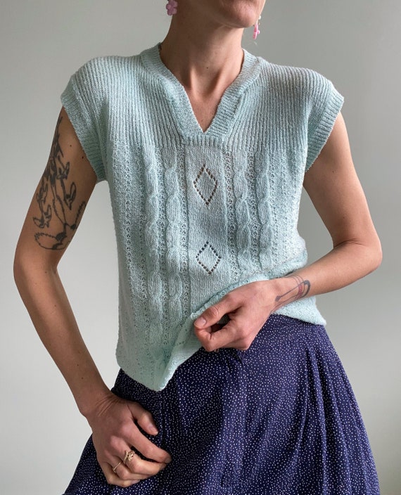 Vintage 1970s Mint Green Sleeveless Knit Top, 70s Simpsons, Small  