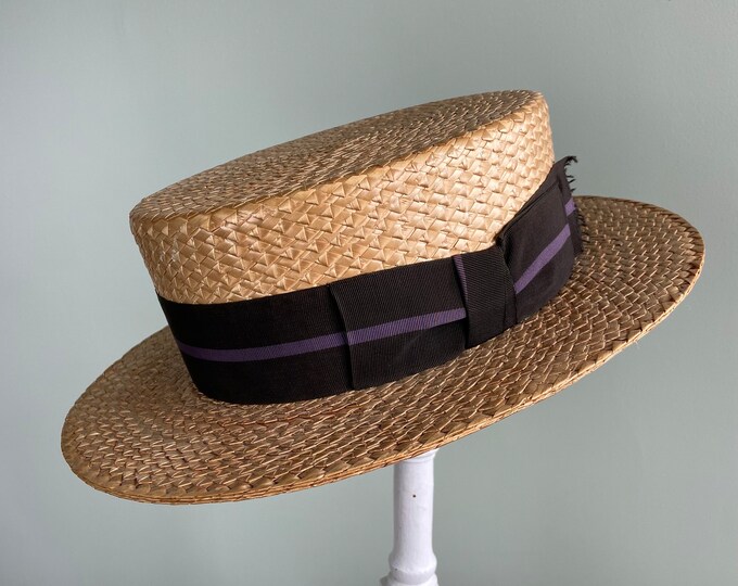 Antique 1910 1920s Straw Boater Hat With Ribbon, Fahey Brockman Fine