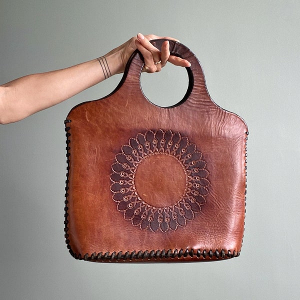 Vintage 1970s Tooled Leather Handbag, Sunflower Design