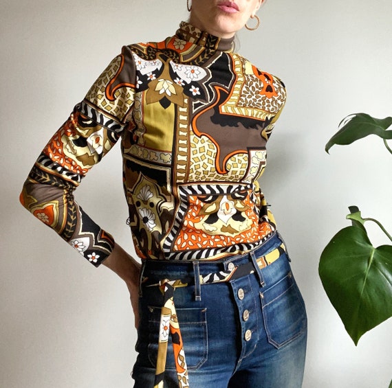 60s psychedelic boho print top with waist tie