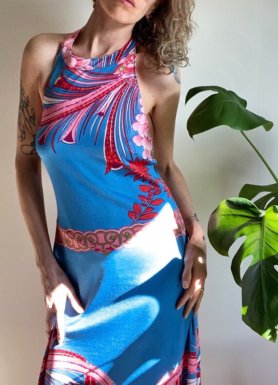 60s 70s Bohemian Maxi Goddess Floral Halter Dress