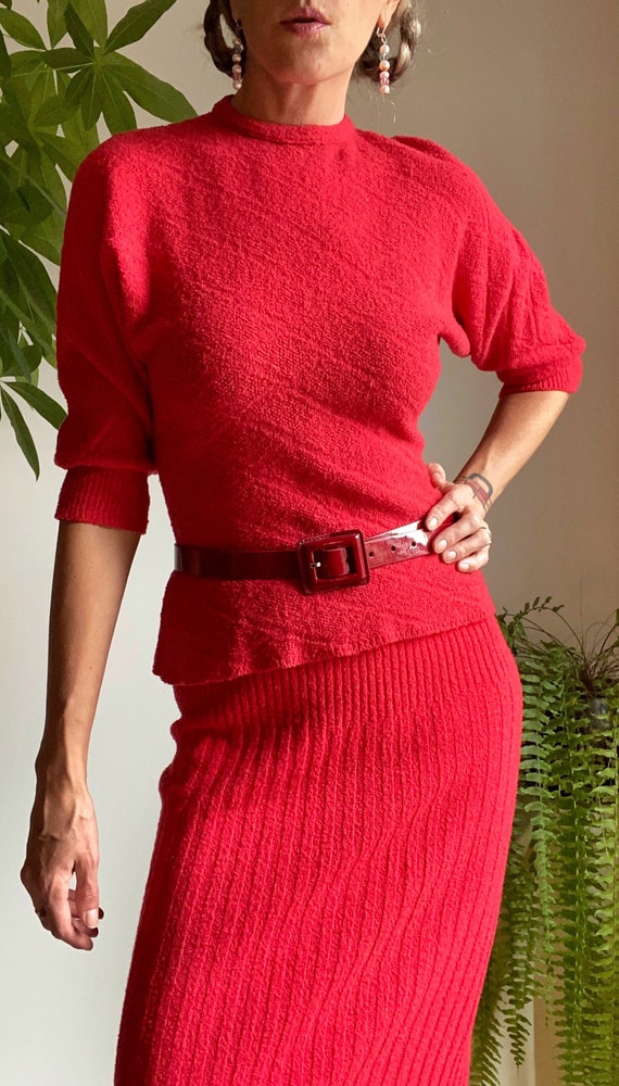 1940s Crimson Red Knit Skirt & Sweater Set