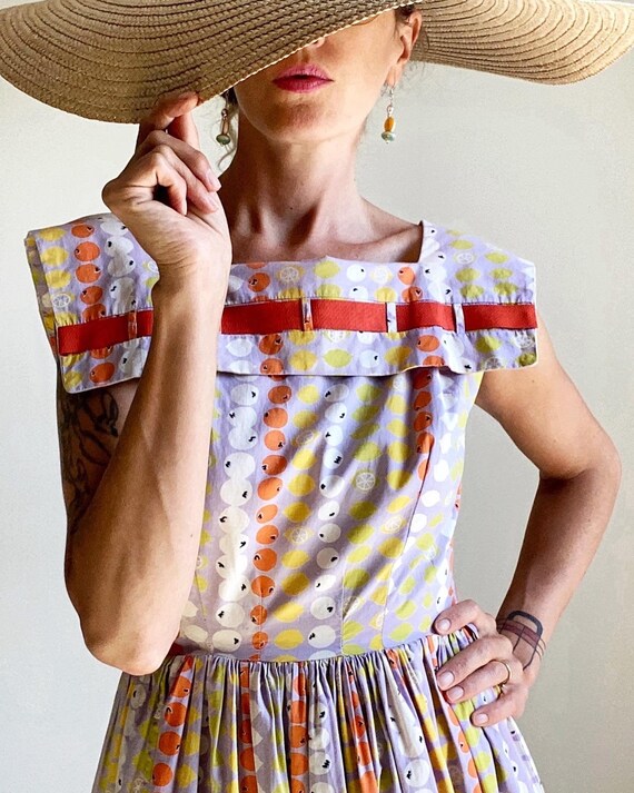 1950s Cotton Fruit Print Day Dress with Square Col