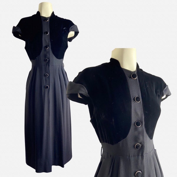 Vintage 1940s Silk Velvet & Rayon Shirtwaist Dress, D'Allairds, XS, Small