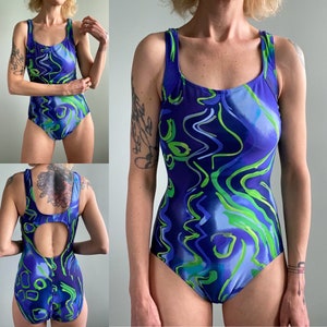 Vintage 1980s Abstract Print One Piece Bathing Suit, Small
