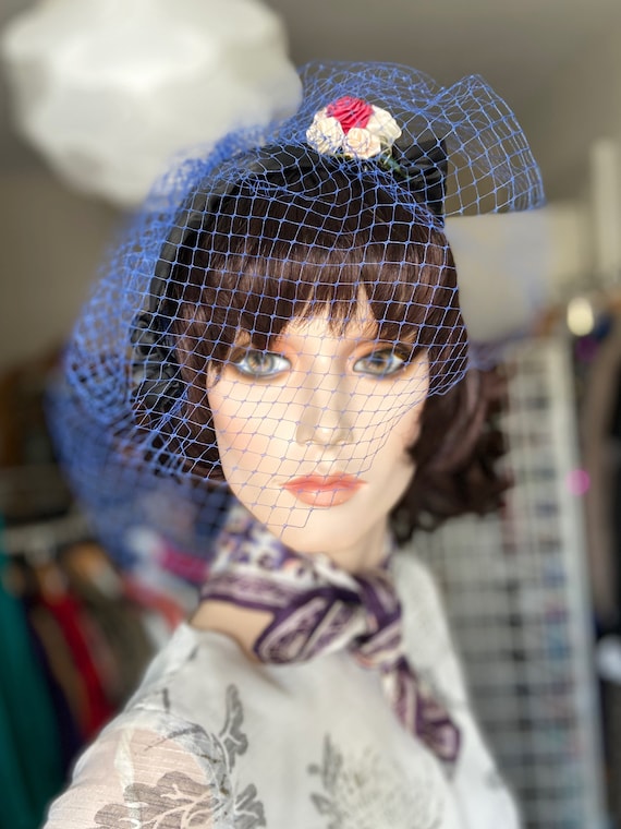 50s Floral Fascinator Satin Headband with blue net