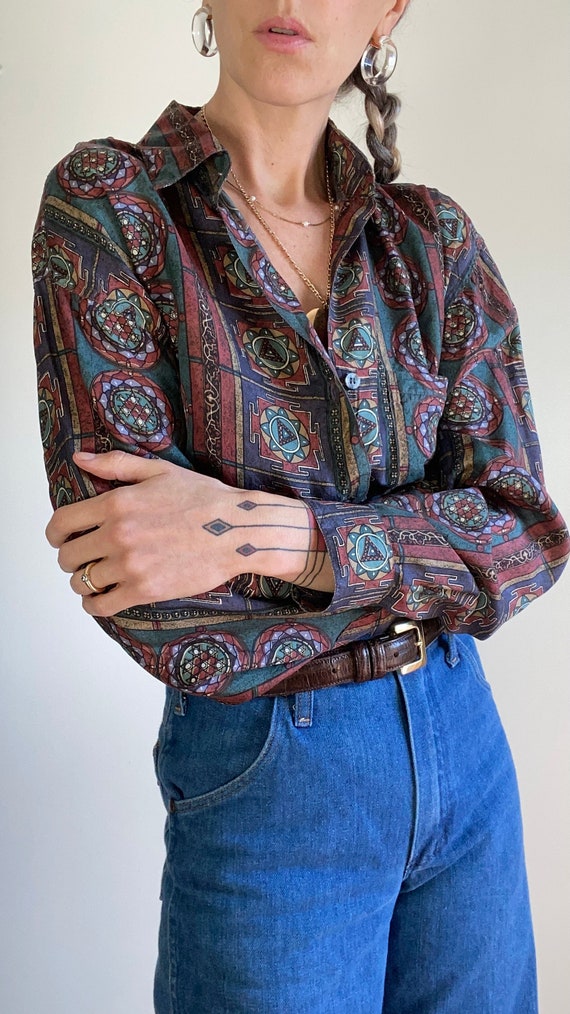 Vintage 90s Silk Button Down Print Blouse