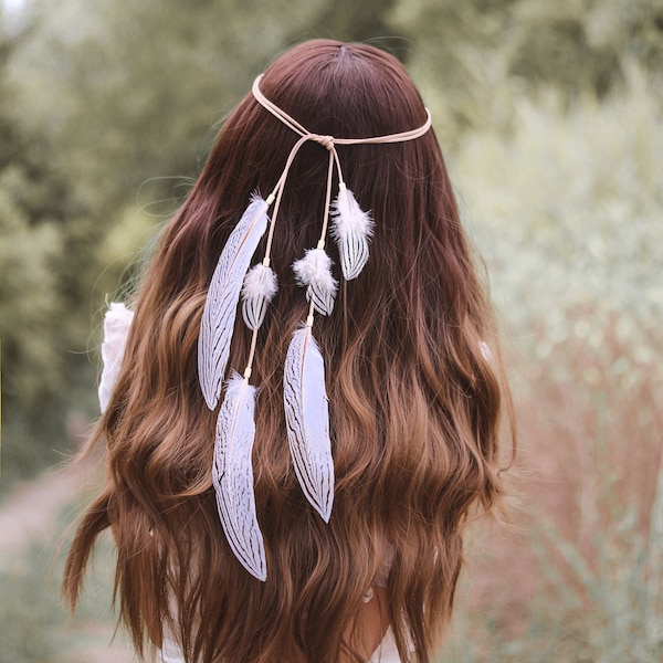 White and gray feather headpiece Boho headpiece Bohemian Feather headdress Bridal Festival Boho Wedding headpiece Feather hair jewelry