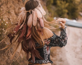 Beige Brown Feather headpiece Boho Bohemian headband Festive Native hair jewelry Bohemian Indian Gypsy hair jewelry Feather headpiece