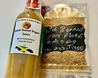 Real JAMAICAN  Scotch Bonnet Hot Pepper Sauce & Flakes Gift Set-2 Item Bundle