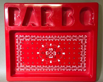 Vintage 70’s Mid Century BAR B Q Plastic Divided Bandanna Serving Tray 19”x16.5”
