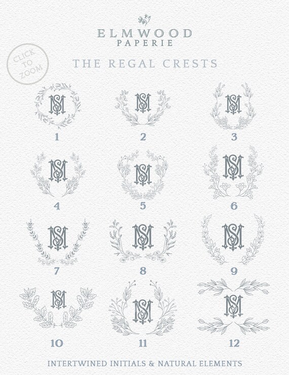 Elegant Wedding Crest Intertwined Monogram Crest Double Initial Monogram Regal Leafy crests Semi-Custom