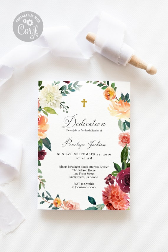 Floral Baby Dedication Invitation Template Fall Floral Baptism Invitation Template 1st Communion Invite Christening Invitation Fb By Elmwood Paperie Catch My Party