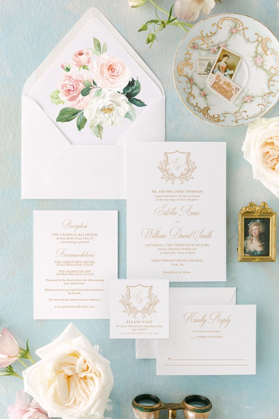 Elegant and Traditional Monogram Crest Wedding Invitation Elmwood by