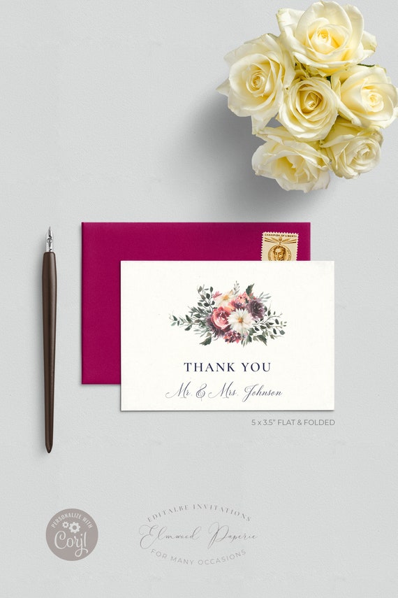Burgundy Floral Wedding Thank You Card Template | Jewel Tone Wedding | Printable Thank You Card | Editable Card | Template | SARAH Il_570xn
