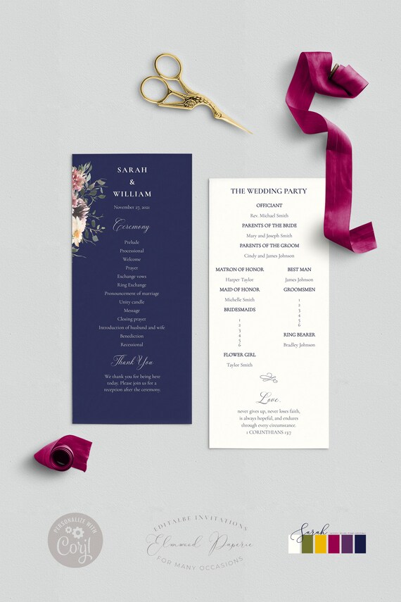 Jewel Tone Wedding Program Template | Navy Wedding Ceremony Program | Program Printable | Editable Program | SARAH Il_570xn