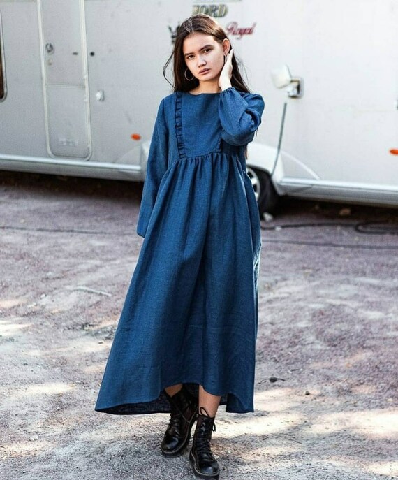 Blue linen wool dress Victorian Blue maxi dress Fall blue long | Etsy
