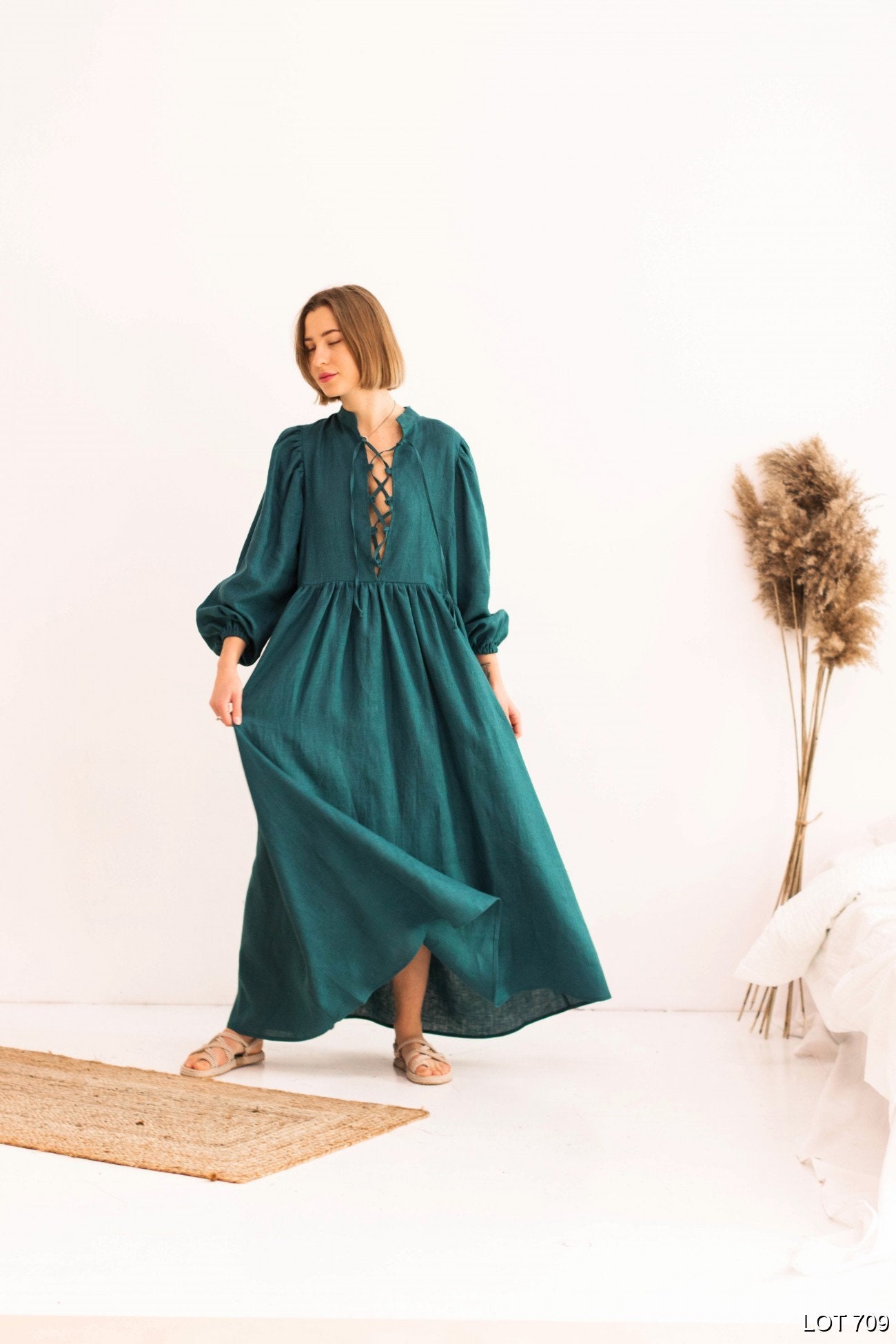 Emerald summer linen dress Cyan linen dress green One size Etsy