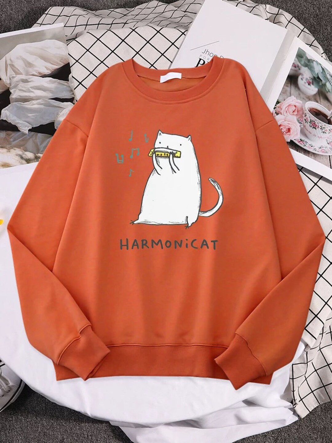 Symbol 2023 Cat Sweater Harmonicat Funny Hoodies Cat Playing Music