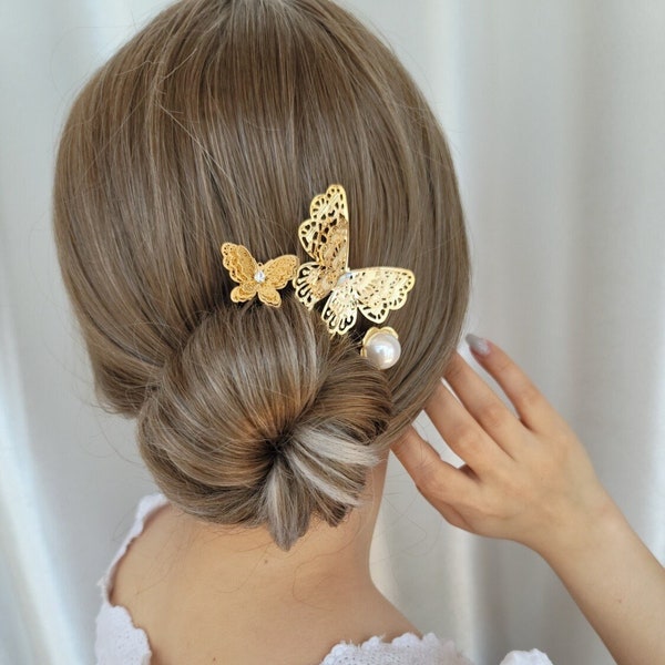 Butterfly Hair Pin, Pearl Hair Bun Holder, Gold Hair Fork, Strong Hold Hair Prong, Hair Pick, Hair Updo Bun, Statement Hair Accessories