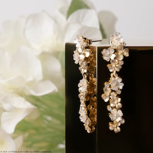 Cluster Pearl & Gold Flower Drop Earrings, Flower Special Occasion Earrings, Cluster Crystal Floral Earrings, Bridal Bridesmaid Earrings