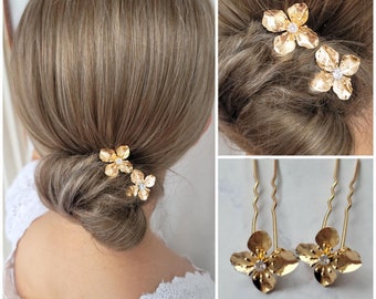 Floral Hair Pin, Gold Bun Holder, Hair Fork, Hair Pick, Wire Hair Pin, Updo Bun, Metal Hair Stick