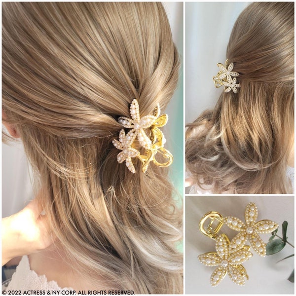 Flower Pearl Hair Claw, Gold Floral Hair Clip, Statement Wedding Hair Claw, Bridesmaids Gift Hair Claw, Hair Claw Clip for Thin Thick Hair