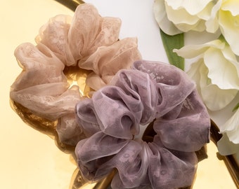 Lace Inset Organza Chiffon Scrunchie, Silky Hair Ties, Smooth Hair Scrunchies, Ivory Mauve Champagne Black Tie, Sister Girlfriend Gift