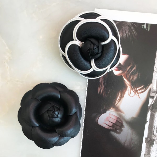 Camellia Brooch, Rosette Hair Clip, Flower Hair Clip, Floral Leather Brooch, Leather corsage, Black Brooch, White Brooch, Jewelry Gift