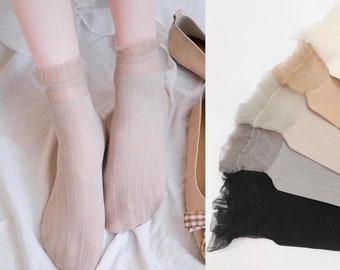 2 Pairs Pleated Lace Sheer Socks, Mesh Ruffle Socks, Quarter Length Socks, Breathable Socks, Light Weight Ultra Thin Socks, Women's Socks