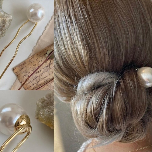 Bow Pearl Minimalist Hair Pin Ribbon Bun Holder Hair Fork Etsy