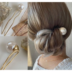 Oversized Pearl Hair Stick, Pearl Hair Pin, Bun Holder, Hair Fork, Hair Prong, Minimalist Hair Pick, Updo Bun Maker, U Pin, Metal Hair Tool