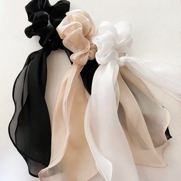 Silky Satin Scarf Scrunchie, Bow Scrunchie, Organza Hair Ties, White Pink Champagne Gold Black Scrunchies, Ribbon Scrunchies, Party Favor