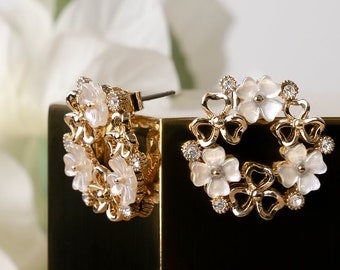 Cluster Pearl Flower Stud Earrings, White Flower Special Occasion Earrings, Simple Drop Floral Earrings, Crystal Bridal Bridesmaid Earrings