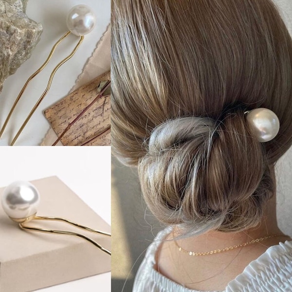 Oversized Pearl Hair Stick, Pearl Hair Pin, Bun Holder, Hair Fork, Hair Prong, Minimalist Hair Pick, Updo Bun Maker, U Pin, Metal Hair Tool