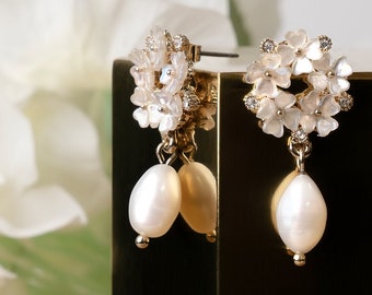 Dainty Cluster Pearl Flower Drop Earrings, White Flower Special Occasion Earrings, Crystal Floral Earrings, Bridal Bridesmaid Earrings