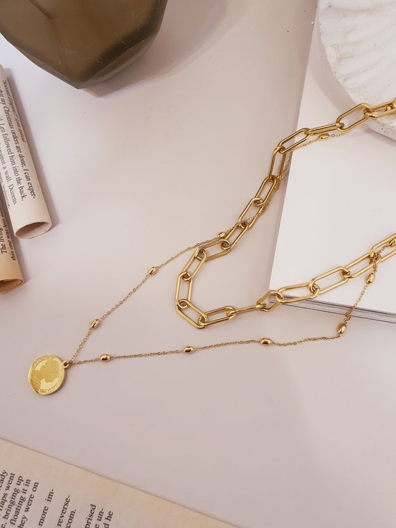 Layered Coin Necklace Link Chain Set Simple Gold Medallion Link