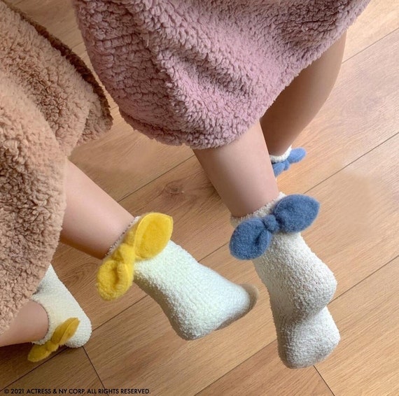 Super Soft Stretchy Bow Slipper Socks Cozy Warm Fuzzy Winter At
