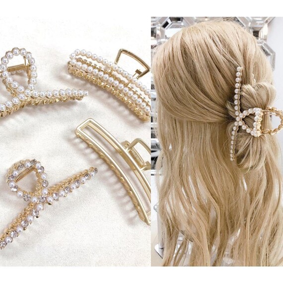  Metal Gold Fishtail Pearl Hair Claw Clips Strong Hold Hair Jaw  Clips Nonslip Threaded Gold Clamp Clips for Thick Hair or Thin Hair Clips  Fashion Hair Accessories for Women Hair