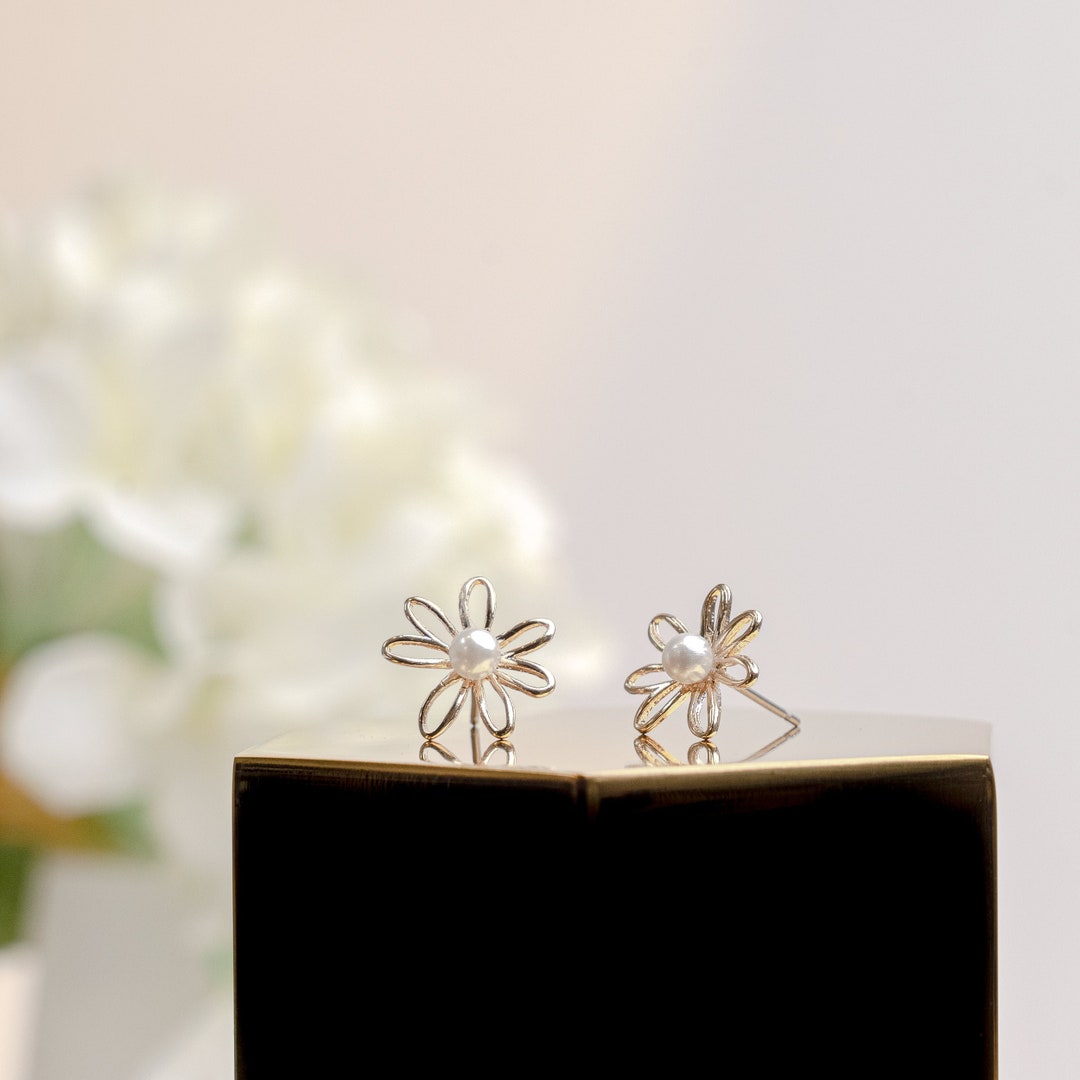 Dainty Gold Flower Pearl Stud Earrings, Small Flower Special Occasion ...