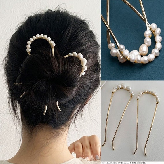 Freshwater Pearl Hair Pin Gold Bun Holder Metal Hair Fork - Etsy Hong Kong Freshwater Pearl Hair Pin Gold Bun Holder Metal Hair Fork - Etsy Hong Kong