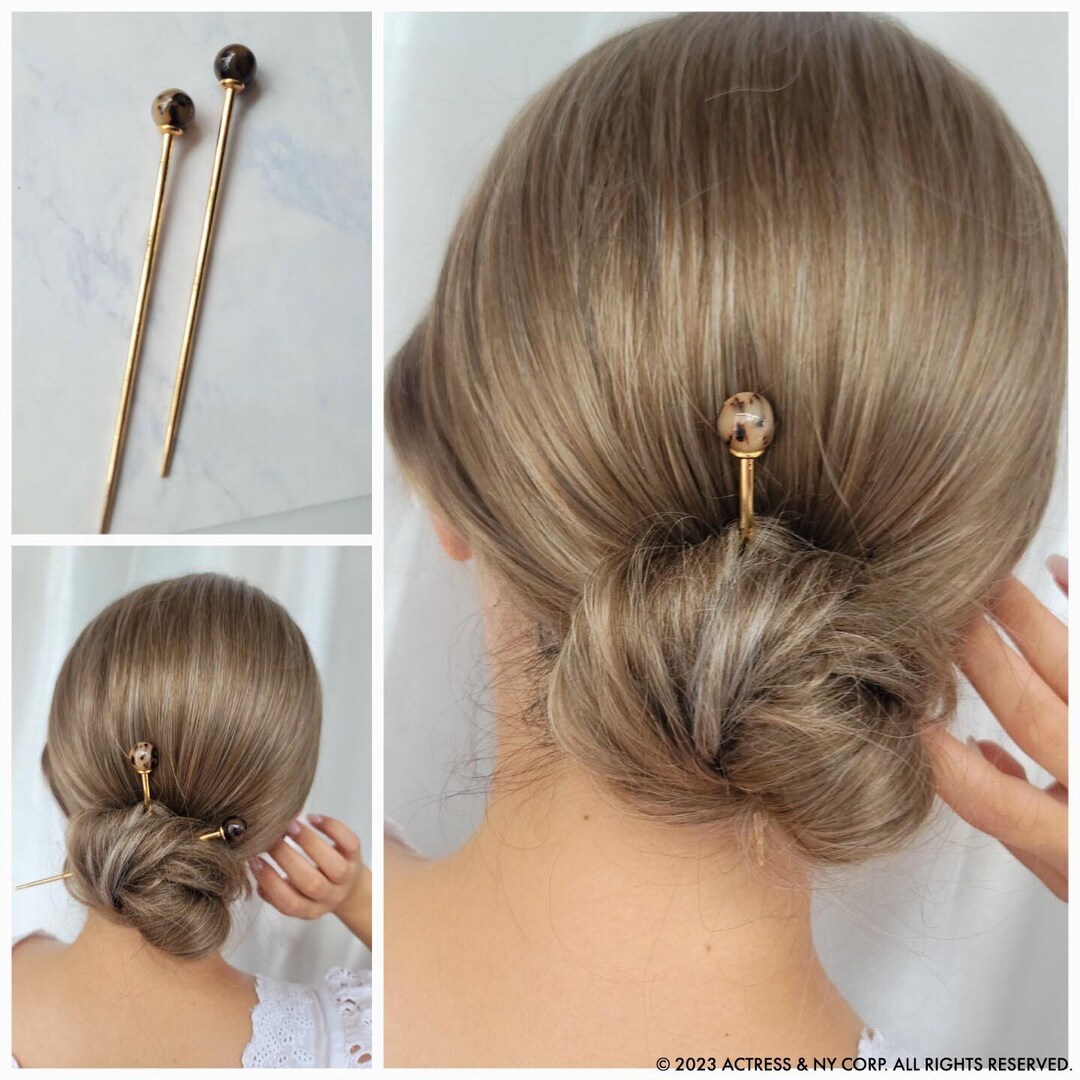 Tortoise Metal Hair Stick, Marble Hair Pin, Bun Holder, Hair Fork