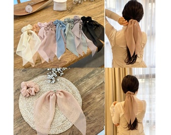 Silk Chiffon attachable Scarf Scrunchie, Bow Scrunchie, Scarf Hair Ties, White Pink Champagne Gold Black Scrunchies, Ribbon Scrunchies