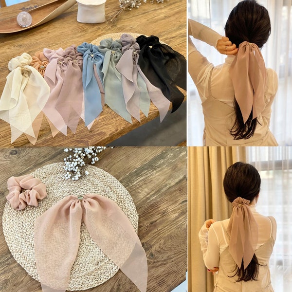 Silk Chiffon attachable Scarf Scrunchie, Bow Scrunchie, Scarf Hair Ties, White Pink Champagne Gold Black Scrunchies, Ribbon Scrunchies