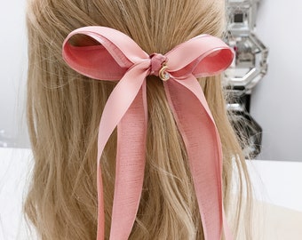 AlexKBoutique Large Bow Hair Pin, Pink Long Ribbon Ponytail Hair Clip, Large Mesh Bow Hair Clip, Big Bow Hair Pin, Hair Bow Women, Gift for Her