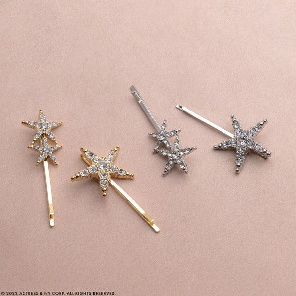 2pcs SET Celestial Star Hair Clips, Star Hair Pins, Minimalist Star Hair Clip, Starburst Hair Accessory, Crystal Pins