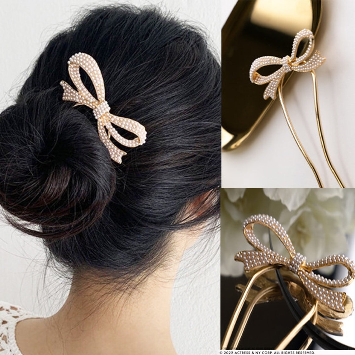 Bow Pearl Minimalist Hair Pin Ribbon Bun Holder Hair Fork Etsy