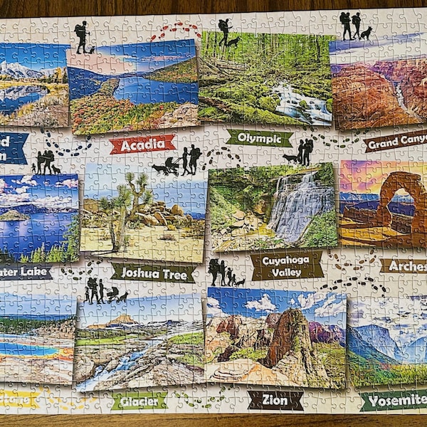 1000 Piece Jigsaw Puzzle National Parks in the USA featuring Yosemite, Yellowstone, Zion, Joshua Tree and more with a family story design