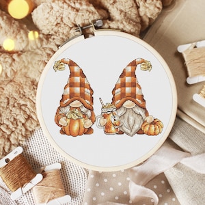 Pumpkin spice gnomes Halloween cross stitch pattern Hand embroidery design Garden gnomes cross stitch Digital pdf file