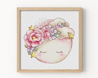 Cross Stitch Pattern PDF – Kawaii Moon with Floral Crown & Stars, Watercolor Nursery Decor – Instant Download